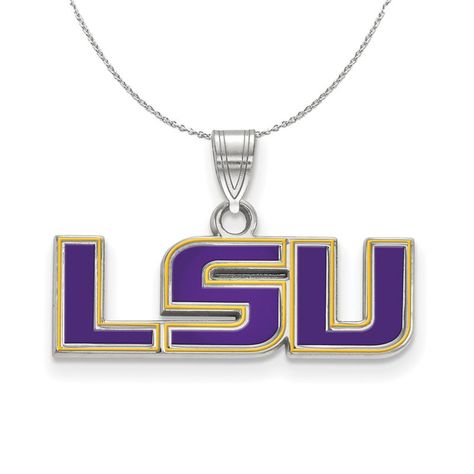 If You Are A Fan Of Louisiana State University And The Fightin Tigers Then You Need To Show Your School Spirit With This Louisiana State University Necklace. We Are A Certified College Jewelry Retailer And This Authentic Item Is Officially Licensed. It Is Crafted From Sterling Silver And Crafted By Logoart In The Usa. Includes An 18 Inch, 1.25mm Cable Chain. College Jewelry, Louisiana State University, Tiny Charm, Louisiana State, Bow Jewelry, Enamel Necklaces, Small Pendant, Shell Pendant, Jewelry Companies