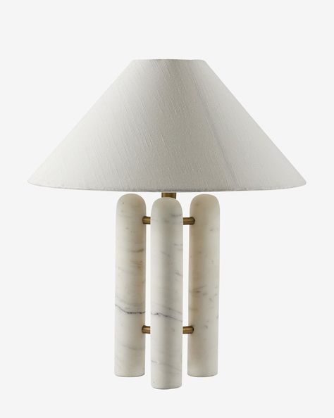 Refined and sculptural, the Medici Table Lamp is made from solid marble in a uniquely decorative design. Its white silk shade and stainless steel accents lend dimension and balance to the piece, elevating your decor. Marble Pillar, White Marble Table, Marble Columns, Marble Table Lamp, Mcgee & Co, The Marble, Italian Marble, White Table Lamp, Four Hands