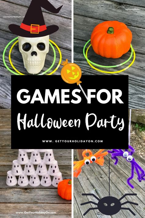 Discover Halloween Party games for any age! Diy games, pumpkin glow in the dark toss, spider games, a ghost game and more from getyourholidayon.com. Fall Bean Bag Toss Diy, Ghost Cup Stacking Game, Spider Toss Halloween Game, Spider Toss Game, Ghost Toss Game, Candy Corn Ring Toss Game, Halloween Games Indoor, Halloween Ring Toss Game Diy, Halloween Mummy Game