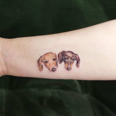 Two Dachshund Tattoo, Dauchsands Tattoo, Sausage Dog Tattoo, Doxie Tattoo, Dachshund Tattoo Ideas, Daschund Tattoo, Dachshund Tattoos, Small Dachshund, Tatoo Dog