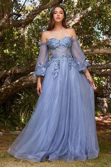 Evening Dress Fairytale Prom Dress, Corset Ball Gowns, Corset Gown, Blue Ball Gowns, Smoky Blue, Cinderella Divine, Floral Corset, Long Sleeve Prom, Princess Gown