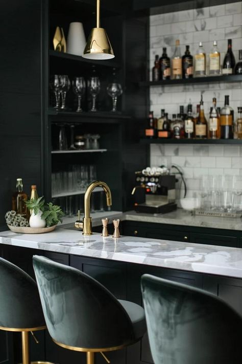 5 Essential Tips for a Modern Home Bar Makeover Black And White Home Bar, Entertaining Basement Ideas, Home Dry Bar Ideas, Wine Bar Ideas Home Modern, All Black Bar, Wine Bar Ideas Home, Moody Bar Design, Dark Bar Aesthetic, Black Home Bar