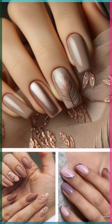 Nail Inspiration Fall 2024, Tan Nail Designs, New Year Nails Design, Nails Graduation, Taupe Nails, New Year Nails, Ring Finger Nails, Nails Yellow, Graduation Nails