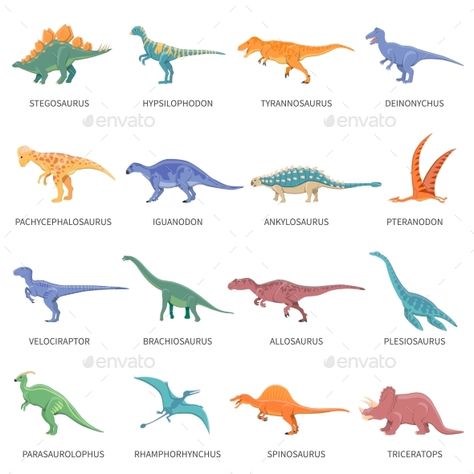 Colored isolated icons set of different types of dinosaurs in cartoon style with name of class or kind flat vector illustration. E Isolated Icons, Types Of Dinosaurs, Kids Room Art Prints, Dinosaur Alphabet, Dinosaur Posters, Dinosaur Images, Free Icon Set, Dinosaur Illustration, Dinosaur Coloring