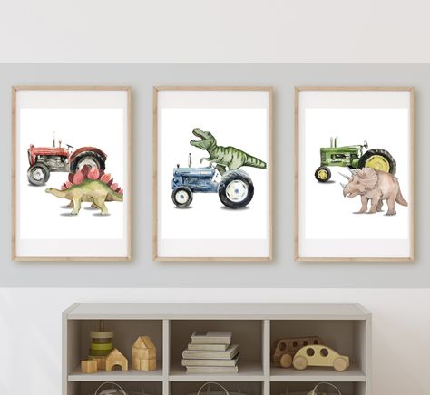 dinosaurs and tractors, farm kids room decor, dinosaur farm  T-Rex on tractor, room decor, wall art, 11x14, digital download Cars And Dinosaur Room, Tractor Room For Boys, Playroom Dinosaur, Farm Kids Room, Farm Boy Room, Boys Construction Room, Tractor Bedroom, Tractor Room, Hunter Bedroom