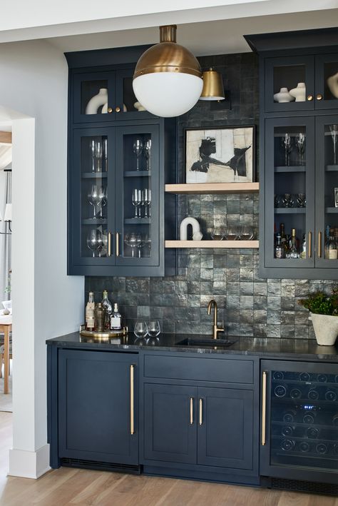 The Branches - Transitional - Home Bar - Atlanta - by Elle Du Monde LLC | Houzz Coffee Vibes Aesthetic, Navy Blue Bar, Coffee Styles, Wet Bar Cabinets, Stand Background, Wet Bar Designs, Kitchen Wet Bar, Basement Bar Ideas, Coffee Vibes