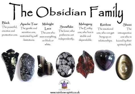 the obsidian family Crystals Energy, Sheen Obsidian, Types Of Crystals, Gemstone Meanings, Crystal Therapy, Pretty Rocks, Crystal Healing Stones, Crystal Magic, Crystal Meanings