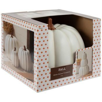 Smallest Dimensions: 6.5" x 7.28" Largest Dimensions: 14.75" x 11.42" Material: Plastic Color: White & Brown Care & Safety: Indoor/Outdoor Use; Not Intended For Food Use Quantity: 3 Decorate your porch this season with a charming display by using these Stackable Pumpkins. This set features three pumpkins of various sizes with brown stems and subtly textured bodies. Each pumpkin has a hollow center for them to nest together for compact storage. Adorn the stack with foliage or raffia and greet your guests with a festive fall sight! Galvanized Bucket With Pumpkin, Dollar Tree Metal Pumpkin Sign, Fall Ornaments Michaels Stores, Stacking Plastic Pumpkins Porch, Toilet Paper Fabric Pumpkins, White Pumpkin Porch Decor, Fall Accent Table, Hobby Lobby Stacked Pumpkins, Farmhouse Fall Table Decor Centerpieces