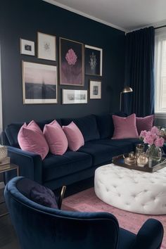 Blue Sofa Room Ideas, Blue And Pink Living Room Decor, Navy Blue And Pink Living Room, Royal Blue Sofa Living Room Ideas, Navy Living Room Color Scheme, Pink And Blue Living Room Ideas, Navy And Pink Living Room, Blue Couch Living Room Colour Schemes, Pink And Blue Living Room