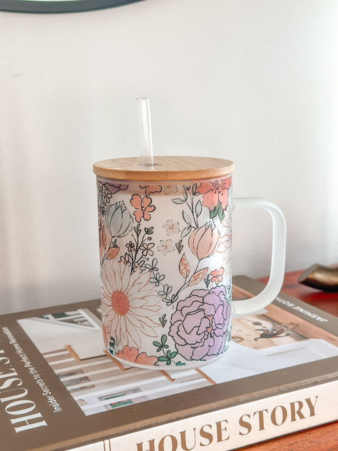 Vintage Flower Coffee Mug Office Decor For Women, Coffee Mug With Lid, Glass Coffee Mug, Glass Coffee Cups, Glass Coffee Mugs, Mug With Lid, Sublimation Mugs, Mothers Day Gifts, Iced Drinks