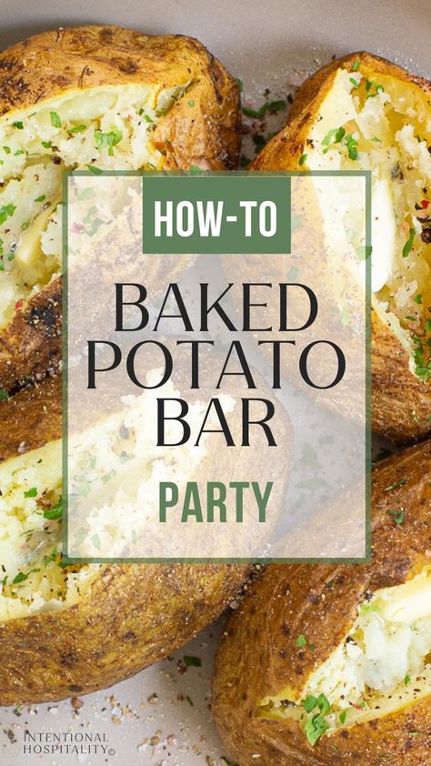 Feeding a crowd an easy and delicious meal will be a snap with this baked potato bar how-to and tips for what to serve with a baked potato bar. How To Make Baked Potatoes For A Crowd, Baked Potatoes Party, Baked Potato Buffet, Hot Potato Bar Ideas, Spud Bar Ideas, Easy Baked Potato Bar, Baked Potato Bar Party Ideas, Loaded Baked Potato Bar Ideas, Diy Baked Potato Bar