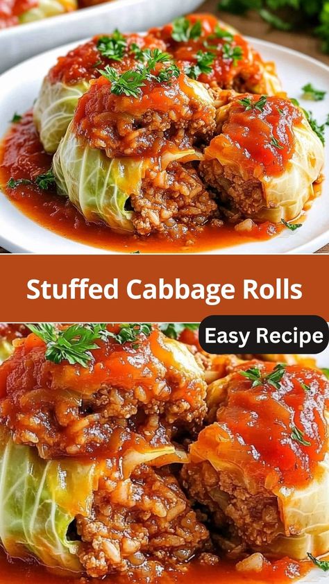 "Learn how to make delicious Stuffed Cabbage Rolls with a savory beef and rice filling, wrapped in tender cabbage leaves and baked in a rich tomato sauce. This easy stuffed cabbage recipe is perfect for Classic Stuffed Cabbage Rolls, Beef Cabbage Rolls Recipe, Stuffed Cabbage Recipes Ground Beef, Jewish Stuffed Cabbage Rolls, Easy Stuffed Cabbage Casserole, Easy Cabbage Rolls Recipe, Authentic Cabbage Rolls Recipe, Filled Cabbage Rolls, Ground Beef Cabbage Rolls