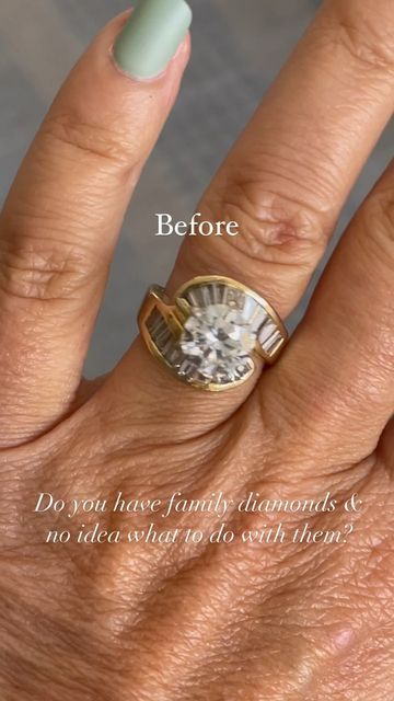 Melissa Tyson Designs- MTD on Instagram: "Do you love a good before and after as much as we do? This one is super special to me. This was my grandmother’s ring two. 25 carat round brilliant cut diamond and a very 80s style setting super high profile we pulled the diamond out to reset for my mom and the beautiful 18 karat gold split band, low profile, prong setting, and we stopped it with two of our Pinnacle diamond stacking bands also an 18 karat gold. Do you have any family diamonds you have Reset Rings Before And After, Resetting Diamonds Before And After, 80s Engagement Ring, Mixed Metal Engagement And Wedding Band, Ring Redesign Before And After, Resetting Diamonds Ideas, Wedding Ring Redesign, Stacked Diamond Bands, Ring Upgrade