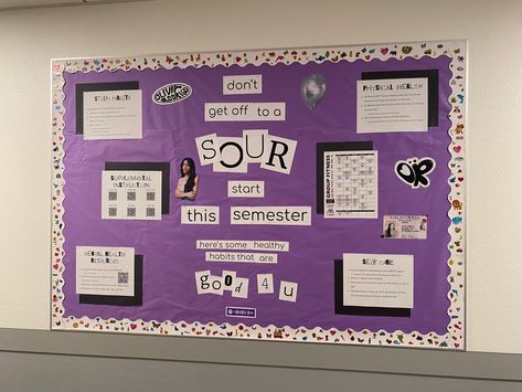 Bulletin board with purple background, white/multicolored border

“don’t get off to a SOUR start this semester, here’s some healthy habits that are good 4 u” Olivia Rodrigo Campaign Poster, Music Themed Ra Bulletin Boards, Olivia Rodrigo Bulletin Board, Mama Mia Bulletin Board, Music Ra Bulletin Boards, Music Themed Bulletin Boards, Bulletin Board Design Classroom, Bulletin Board Design Ideas, Bulletin Board Ideas For College