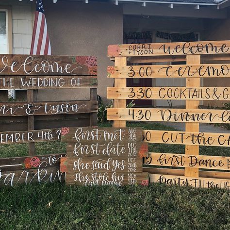 Pallet wedding signage. Hand lettered. Hand painted. Itinerary. Parking. Welcome. Diy Wedding Pallet Signs, Wedding Signage Pallet, Welcome To Our Wedding Pallet Sign, Pallet Itinerary Wedding, Pallet Wedding Signs Diy, Wedding Pallet Decor, Palette Wedding Sign, Wedding Welcome Sign Pallet, Wooden Pallet Wedding Ideas