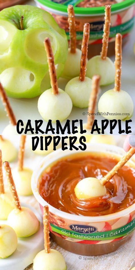 Caramel Apple Dippers, Apple Dippers, Mini Caramel Apples, Halloween Food Treats, Fall Snacks, Pretzel Sticks, Thanksgiving Treats, Dessert Party, God Mat