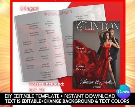 Wedding Magazine Invitations Red Wedding Invitations - Etsy Philippines Magazine Wedding Program, Diy Wedding Program, Wedding Booklet, Wedding Party Groomsmen, Diy Wedding Programs, Booklet Template, Red Wedding Invitations, Wedding Party Bridesmaid, Wedding Programs Template