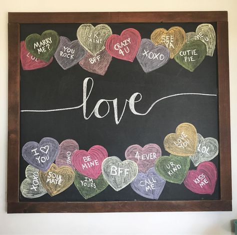 Valentine chalkboard art, candy hearts chalkboard, conversation hearts chalkboard art, Valentine Chalkboard Ideas, Valentine Chalkboard Art, Chalkboard Art Quotes, Quotes Valentines Day, Chalkboard Wall Art, Chalkboard Doodles, Chalkboard Writing, Blackboard Art, Chalk Sign