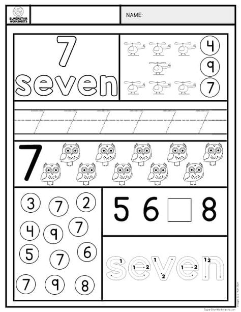 Number Seven Worksheet, Number 7 Worksheets For Preschool, Number Names 1 To 10, Number 7 Worksheet, Number 8 Worksheet, Color The Number, Superstar Worksheets, Preschool Counting Worksheets, Recognizing Numbers