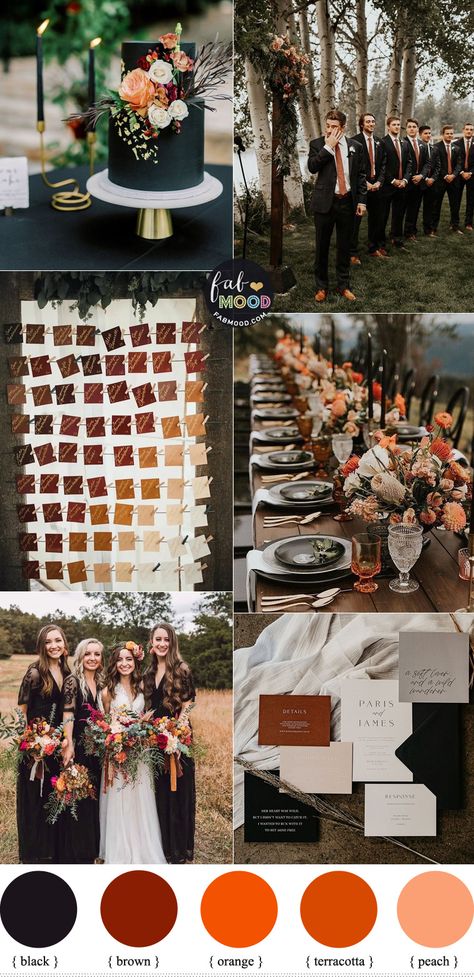 Wedding Color Pallets With Black, Rustic Wedding Inspo Colour Schemes, Fall Colors With Black, All Black Fall Wedding, Fall Wedding Color Schemes Black, Black Brown Wedding Color Schemes, Fall Wedding Color Palette With Black, Wedding Colours With Black, Dark Boho Wedding Color Schemes