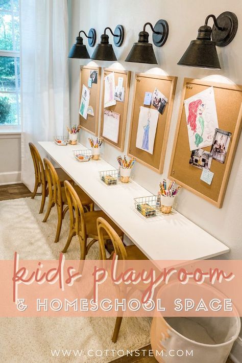 We recently cleaned out our spare bedroom and gave it a new purpose with this kid’s homeschool playroom design idea today! We kept it simple and practical, and they seem to love it already! #homeschoolroom #playroomideas #kidsrooms Kids Playroom Tables, Playroom Learning Center, Basement Guest Room And Playroom, Art Table Playroom, Playroom Ideas Vintage, Kids Playroom With Desk, Diy Playroom Desk, Art Station Playroom, Homeschool Room Guest Room