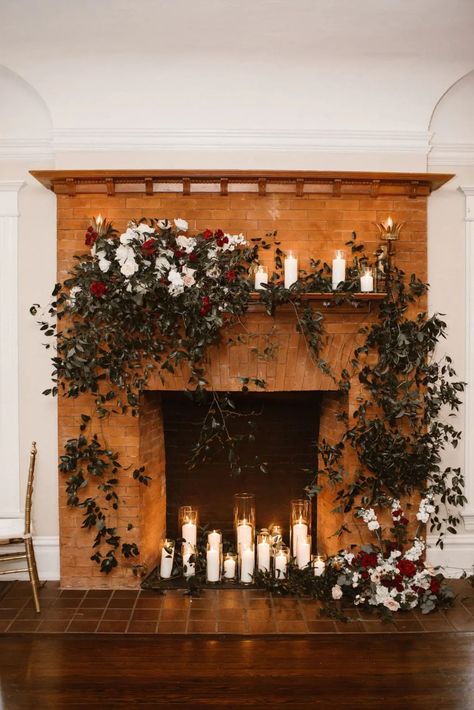 Candlelit Fireplace Decor for Wedding Reception Wedding Decor Fireplace, Winter Wedding Fireplace, Fireplace Decor Wedding, Christmas Wedding Fireplace Mantle, Fireplace Wedding, Fireplace Wedding Decor, Wedding Ceremony Fireplace Backdrop, Wedding Alter Fireplace, Floral Fireplace Wedding