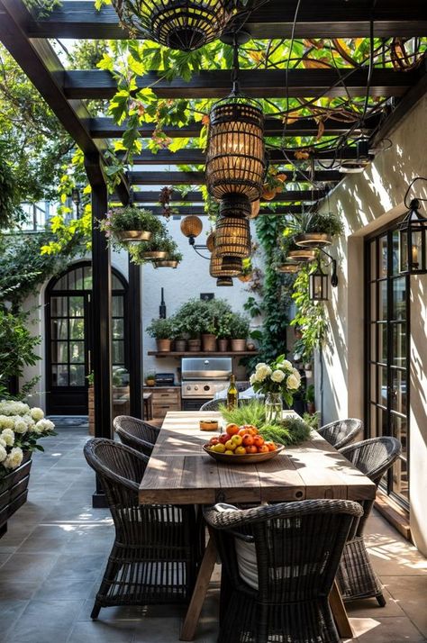 Backyard Dining Area, Outdoor Cooking Spaces, Backyard Hammock, Mediterranean Style Homes, Patio Inspiration, Backyard Remodel, Casa Exterior, Backyard Retreat, Outdoor Decor Backyard