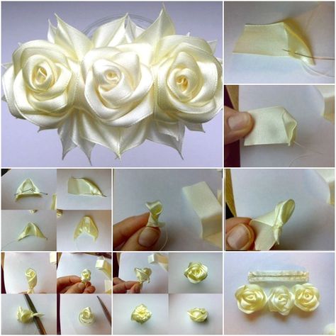 How to DIY Satin Ribbon Rose Flower Hairclip tutorial and instruction. Follow us: www.facebook.com/fabartdiy Sewing Ribbon Flowers, Ribbon Flowers Diy, Satin Ribbon Roses, Ribbon Flower Tutorial, Fleurs Diy, Satin Ribbon Flowers, Fabric Flower Tutorial, Ribbon Rose, Ribbon Art