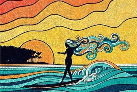 Coastal Mural, Surf Mural, Pretty Card Ideas, Hawaiian Illustration, Van Mural, Outdoor Wall Paint, School Mural Ideas, Surf Board Art, Yoga House