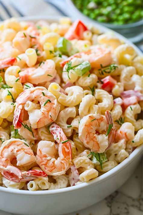 This shrimp pasta salad is a light and refreshing party-pleaser! Packed with tender shrimp, macaroni, and a tangy Dijon mustard dressing, it's always a hit. Shrimp Pasta Salad Recipes, Pasta Shrimp Salad, Cold Shrimp Pasta Salad, Pasta Salad With Shrimp, Dijon Mustard Dressing, Shrimp Macaroni Salad, Shrimp Macaroni, Macaroni Salads, Salads Ideas