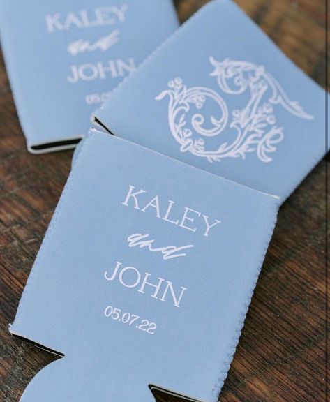 French Blue Personalized Wedding Koozies Engagement Koozies, Monogram Koozie, Personalized Wedding Koozies, Wedding Bar Decor, Spring Garden Wedding, Wedding Koozies, Light Blue Wedding, Custom Koozies, Wedding Inspired