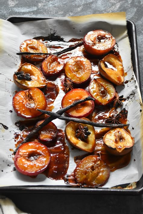 Aromatic Roasted Pears and Plums with Star Anise, Vanilla, Balsamic and Maple Syrup E.A.T #34 | food on fifth Roasted Pears Recipes, December Welcome, Roasted Pears, Plum Recipes, Roasted Pear, Baked Pears, Balsamic Reduction, Pear Recipes, Vanilla Beans