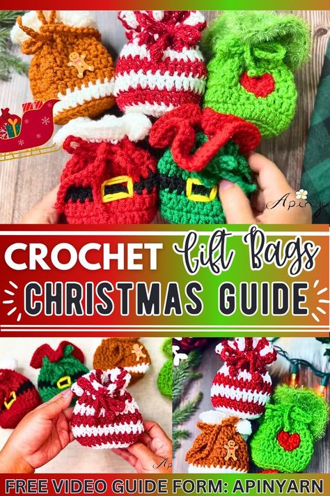 26 Free Crochet Christmas Bag Patterns - DIYsCraftsy Crochet Elf, Crochet Christmas Ornaments Free, Christmas Crochet Patterns Free, Crochet Christmas Gifts, Christmas Gift Card Holders, Crochet Santa, Crochet Xmas, Beginner Crochet Projects, Crochet Fall