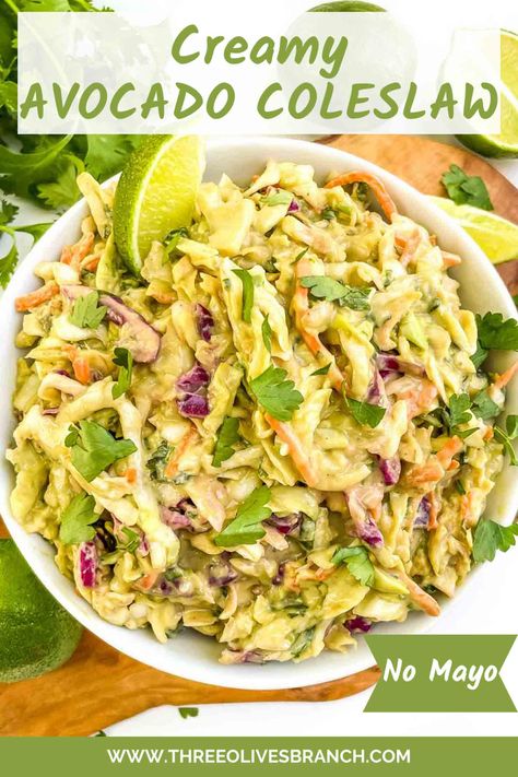 Homemade Creamy Avocado Coleslaw (without Mayo) is a great summer side dish recipe perfect for a BBQ or grilling party. Gluten free, vegan and dairy free friendly. Low Calorie Sides For Bbq, Gluten Free Side Dishes For Bbq, Coleslaw Without Mayo, Avocado Coleslaw, Grilling Party, Coleslaw Recipes, Summer Side Dishes Recipes, Healthy Dinner Salads, Homemade Slaw