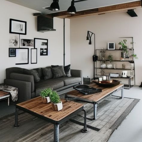 Industrial Home Living Room, Earth Tone Industrial Living Room, Industrial Modern Living Room Decor, Living Room Inspiration Masculine, Minimalist Living Room Masculine, Industrial Apartment Decor Small Spaces, Interior Design Industrial Minimalist, Scandi Industrial Living Room, Modern Male Living Room