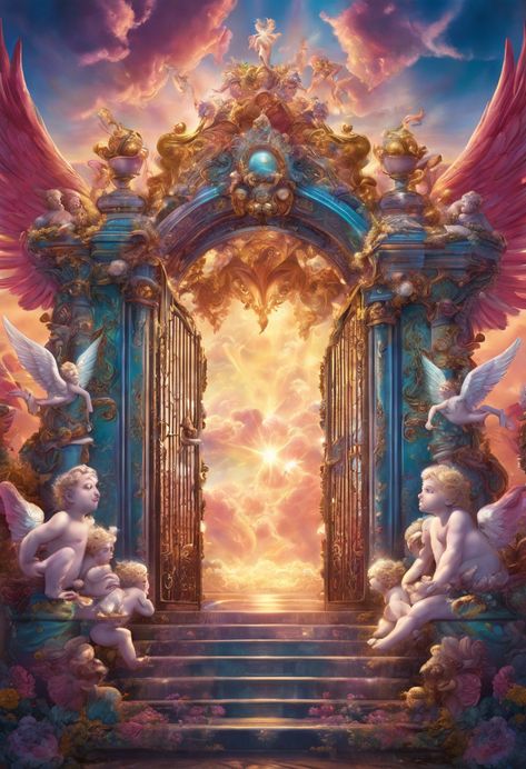 Heavenly gold gates Check more at https://paintlyx.com/heavenly-gold-gates/ Pearly Gates Of Heaven, Pearly Gates, Infected Mushroom, Gold Gate, Angel Clouds, Heaven's Gate, Arch Doorway, Biblical Art, Gate