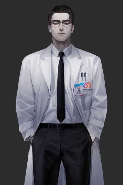 Handsome Anime Guys Doctor, Business Man Anime Guy, Male Doctor Character Design, Scientist Outfit Male, Scientist Oc Art Male, Male Nurse Character Design, Evil Doctor Character Design, Doctor Oc Art, Business Man Anime