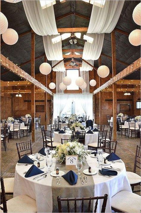 Elegant rustic barn wedding reception draping idea / http://www.himisspuff.com/rustic-indoor-barn-wedding-reception-ideas/4/ Wedding Reception Table Decorations, Barn Wedding Reception, Reception Table Decorations, Tafel Decor, Wedding Reception Tables, Navy Blue Wedding, Wedding Table Decorations, Navy Wedding, Nautical Wedding