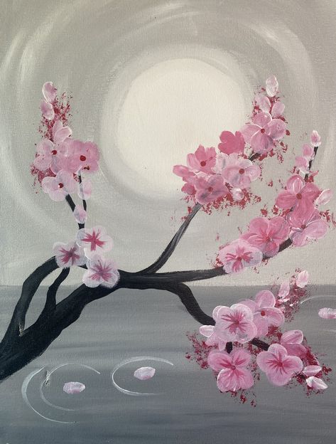 Japanese Cherry Blossom Painting Easy, Blossom Tree Painting Easy, Cherry Blossom Acrylic Painting, Painting With Clouds, Blossom Acrylic Painting, Cherry Blossom Acrylic, Canvas Painting Aesthetic, Cherry Blossom Tree Painting, Cherry Blossom Painting Acrylic