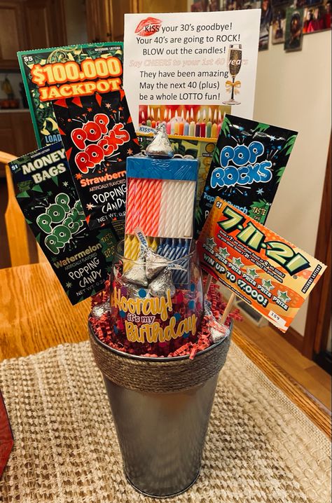 40th Birthday Snacks Food Ideas, Birthday Bag Ideas, Mens 40th Birthday, 40th Birthday Party Men, Birthday Snacks, Candy Poster, Candy Bouquets, Raffle Baskets, Mens Birthday Party