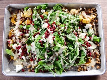 Sheet Pan Salad Recipe | Ree Drummond | Food Network Sheet Pan Salad Pioneer Woman, Pioneer Woman Roasted Sheet Pan Salad, Sheet Pan Salad Recipes, Pioneer Woman Sheet Pan Recipes, Pioneer Woman Sheet Pan Dinners, Sheet Pan Salad, Winter Dinners, Homemade Vinaigrette, Winter Salad Recipes