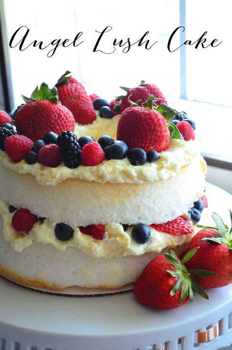 Try this sweet summer recipe for Angel Lush Cake! #dessert #summerrecipe #cake Lush Cake, Angel Food Cake Desserts, Yummy Kitchen, Cheesecake Oreo, Cheesecake Mini, Easy Gluten Free Desserts, Homemade Snickers, July Recipes, Easy No Bake Desserts