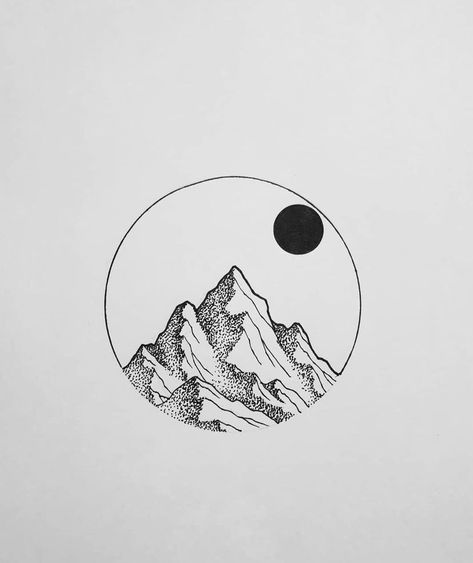 Mountain Tattoo In Circle, Men Tattoo Mountain, Mountain Frame Tattoo, Mountains Small Tattoo, Circular Mountain Tattoo, Mountain In Circle Tattoo, Small Round Tattoo Ideas, Round Mountain Tattoo, Canadian Rockies Tattoo