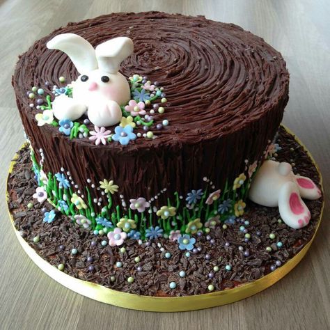 Rabbit Cakes Birthday, Easter Cake Chocolate, Easter Chocolate Cake Ideas, Chocolate Easter Cake Decorating Ideas, Easter Bunny Shaped Cake, Easter Desserts Bunny Cake, Chicken Cupcakes, Easter Cake With Chocolate Bunny, Chocolate Easter Cake