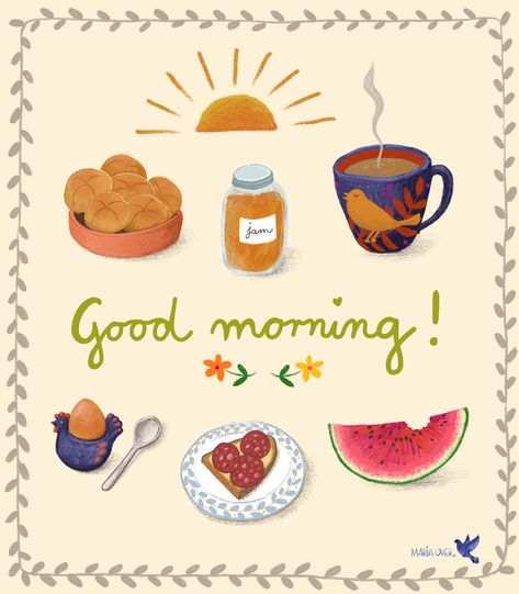 Good morning! Illustration of some things that make a morning good by Maria Over Good Morning Illustration Art, Morning Illustration Art, Good Morning Illustration, Morning Illustration, Warm Holiday Drinks, Morning Kisses, Good Morning Greeting Cards, Good Morning Breakfast, Morning Morning