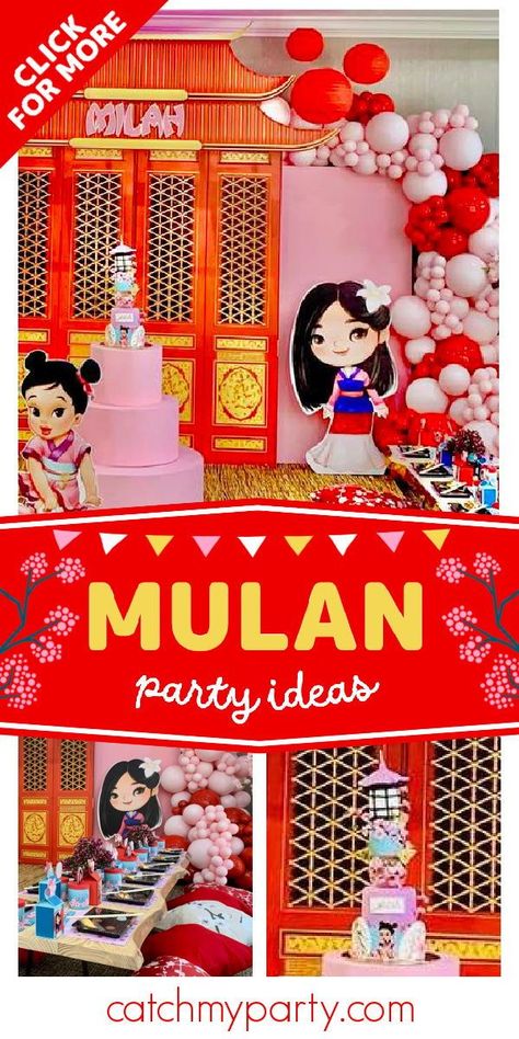 Take a look at this cute Mulan 1st birthday party! The dessert table is stunning! See more party ideas and share yours at CatchMyParty.com Mulan Birthday Party Ideas, Mulan Party Ideas, Mulan Birthday Party, 1st Birthday Girl Party Ideas, Mulan Birthday, Mulan Party, Birthday Girl Party Ideas, Beautiful Tree Houses, Princess Cakes