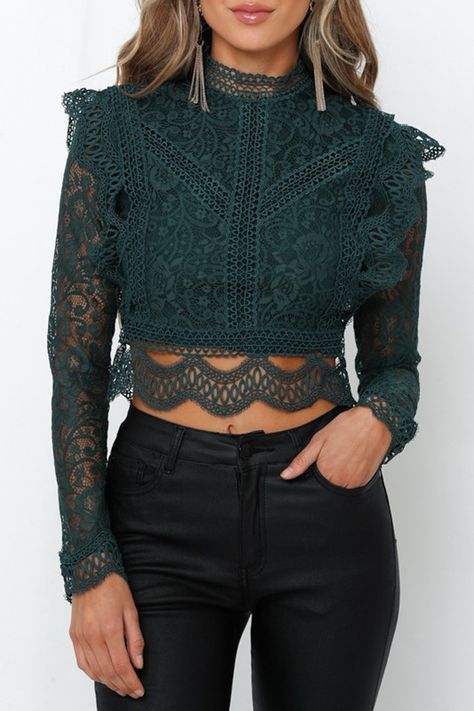 Tyler Forest Green Lace Long Sleeve Crop Top Long Sleeve Lace Crop Top For Party, Green Long Sleeve Top With Floral Embroidery, Green Casual Lace Top, Fitted Green Lace Top Blouse, Hunter Green Lace Top, Green Lace Shirt, Lace Shirt Outfit, Blue Lace Top, Girl Celebrities