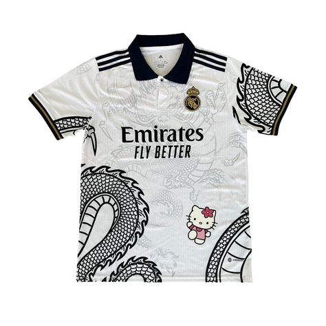 Limited Edition Custom Hello Kitty Real Madrid Jersey #keystreetwearr #hellokitty #hellokittycore #hellokittylover #instafashion #instagram Real Madrid Jersey, Madrid Jersey, Real Madrid Shirt, Hello Kitty T Shirt, Sporty Girl, Hello Kitty Dress, Jersey Tshirt, Christmas Board, Latest Anime