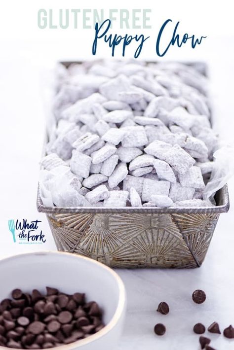 Super simple Gluten Free Puppy Chow - AKA Muddy Buddies is everyone’s favorite sweet snack. Keep this easy, GF snack on hand for summer! You only need a few ingredients to make it - Chex cereal, chocolate chips, butter, vanilla, peanut butter, and powdered sugar. You can even make vegan muddy buddies by using vegan butter and dairy free chocolate chips. This no bake recipe takes less than 15 minutes to make! Gluten Free Puppy Chow, Puppy Chow Ingredients, Puppy Chow Recipe, Gf Snacks, What The Fork, Chex Mix Puppy Chow, Chow Recipe, Puppy Chow Recipes, Chex Cereal