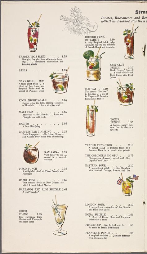 Trader Vic's menu (1968) via @nypl Card Menu Design, Restaurant Menu Illustration, Pretty Menu Design, Online Menu Design, Illustrated Menu Design, Menu Illustration Design, Restaurant Menus Design, Cocktail Menu Design Ideas, Aesthetic Menu Design